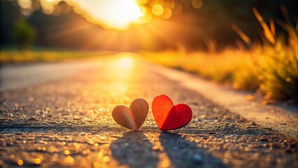 Fototapeta premium Two Small Paper Hearts on Sunny Road - Love and Connection Stock Photo