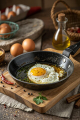 delicious fried egg in skillet, surrounded by fresh ingredients like eggs, herbs, and oil, creating warm and inviting cooking scene