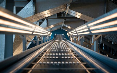 Obraz premium Abstract Factory Lighting, production line in an industrial facility, Illuminated conveyor belt carrying numerous spherical objects.