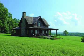 Obraz premium Rustic farmhouse on green hill with valley view, sunny sky