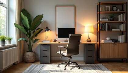Fototapeta premium Stock photo showcases a cozy home office with a large desk comfortable chair and soft lighting creating an ideal environment for focused work.