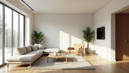 Fototapeta premium Stock photo captures a bright spacious living room with a minimalist design large windows and comfortable furnishings evoking an open and airy feel.