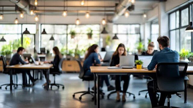 Blurred people silhouettes working together in a luminous workplace, startup modern office room with greenery and warm light