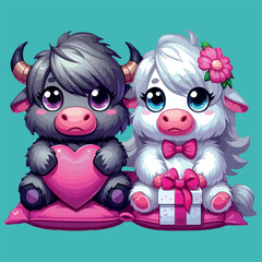 Obraz premium Cute Couple Yak Vector Love Together for Valentine's Day