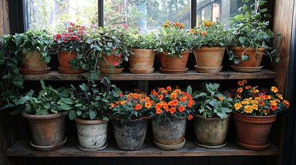 Potted flowers on rustic shelves by window, garden view