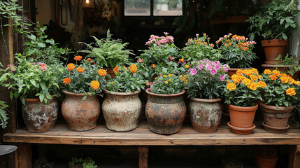 Fototapeta premium Colorful potted flowers on rustic wooden shelf in garden shop, blurred background