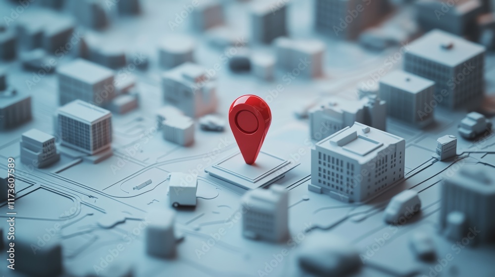 Poster red location pin is standing on a 3d city map with miniature buildings and streets, representing nav