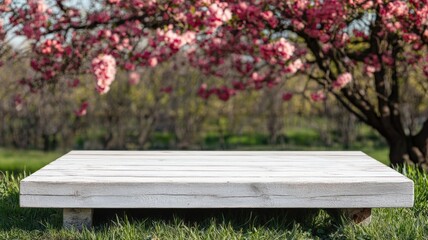 Fototapeta premium An empty white wooden table in front of a blurred spring tree with vibrant spring flower