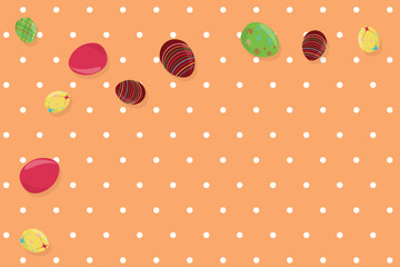 Colored Easter eggs on orange polca dots background Happy Easter Spring holiday concept Greeting card Copy space