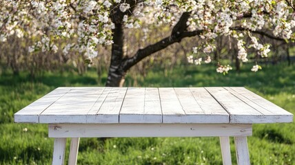 An empty white wooden table in front of a blurred spring tree with vibrant spring flower