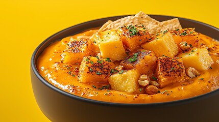 Delicious creamy soup bowl topped with crispy ingredients on vibrant yellow background.