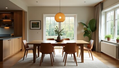 Stock photo presents a home dining space with a large wooden table chic chairs and soft lighting perfect for intimate family meals.