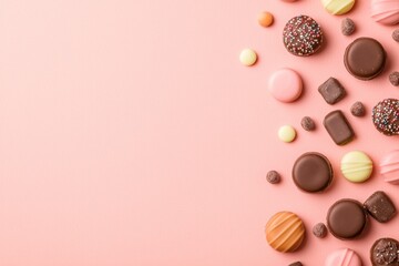 Colorful arrangement of chocolates and candies on pastel pink background