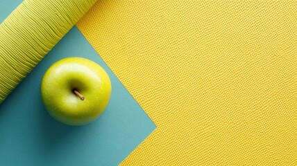 Bright yellow yoga mat and weights with a green apple, promoting fitness and healthy living, flat lay. copy space
