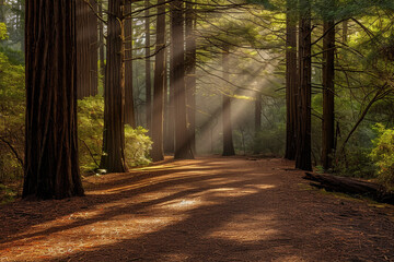 Fototapeta premium pine forest with sun rays breaking through the trees,. 