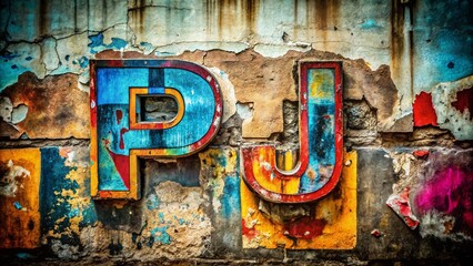 Fototapeta premium Urban Exploration Photography: Abstract PJ Logo Graffiti on Grungy Wall