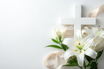 Composition with a Christian white wooden cross and flowers against muted white background