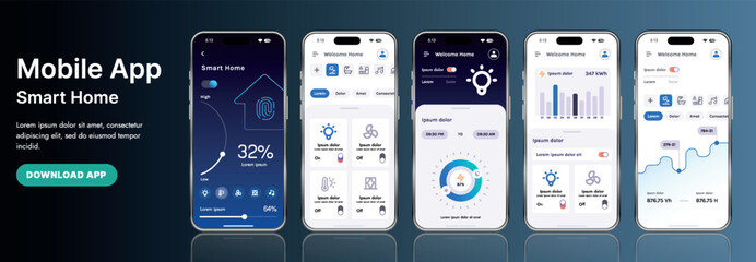A sleek smart home application interface template featuring modern icons and a gradient design. Includes navigation menus for managing devices, monitoring security, controlling temperature
