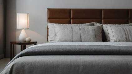 Fototapeta premium Bed with Brown Leather Headboard and Grey Linen Bedding