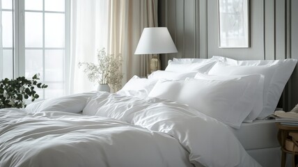 Fototapeta premium Bed with white sheets and pillows, and a lamp on the nightstand