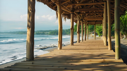 Fototapeta premium A beachside pasarela made of bamboo, with the sound of waves crashing nearby