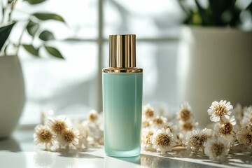Elegant luxury skincare bottle amidst blossoms in professional setting for beauty branding.