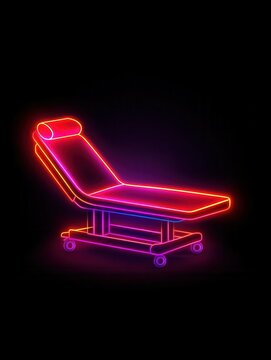 Futuristic neon hospital bed logo on black background for medical design concepts.