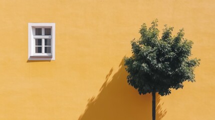 Small tree and white window on a yellow wall.