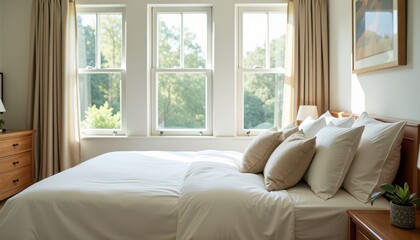 Fototapeta premium Stock photo shows a bright airy bedroom with a comfortable bed soft bedding and large windows offering natural light and a calming atmosphere.