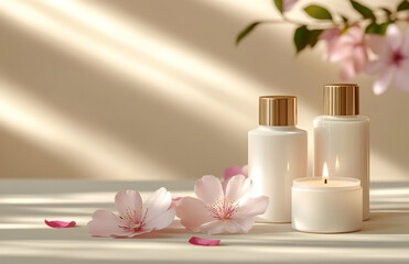 Serene spa setting with skincare bottles, a candle, and delicate pink blossoms bathed in soft sunlight.