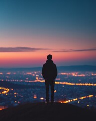 Fototapeta premium A silhouetted figure standing on a hill overlooking a city skyline at twilight with dramatic hues