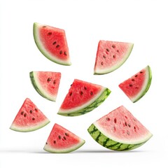 Fresh and juicy watermelon slices falling against white background