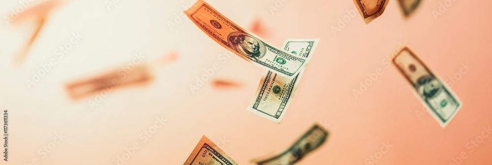 Poster several dollar bills are falling against a soft orange background, creating a visual representation 