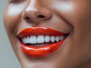 Close up of a model's bright smile with glossy red lips