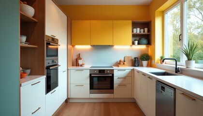 Fototapeta premium Stock photo depicts a stylish functional kitchen with a bright color scheme modern appliances and sleek countertops creating an inviting atmosphere.