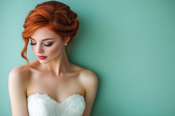 A minimalist shot of an elegant young woman with carrot-colored hair, placed off-center against a pastel green background with copy space to the side.