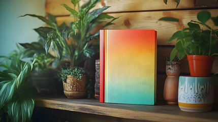 Colorful notebook mockup on wooden shelf surrounded by houseplants.  The ombre cover transitions from red to yellow to teal.