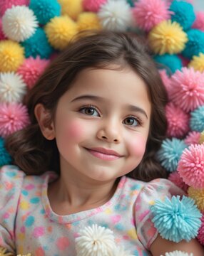 Smiling girl lying on colorful pompoms background