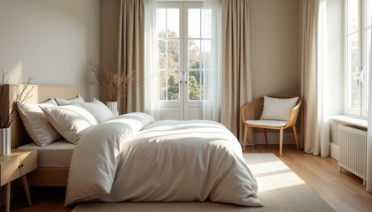 Stock photo features a chic modern bedroom with soft bedding minimalistic furniture and natural light streaming in through the windows creating a calming space.