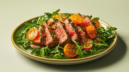 Plate of grilled steak slices on bed of arugula with citrus slices and herbs.