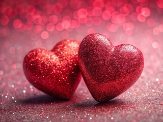 Fototapeta premium Valentine's Day Pink Background with Two Red Glitter Hearts - Romantic Stock Photo