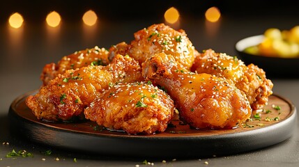Fototapeta premium Succulent fried chicken wings garnished with herbs on a wooden plate.
