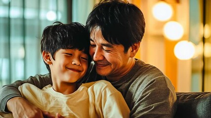 In a warm, softly lit room, an Asian father and his young son share a heartfelt embrace, showcasing love and connection. The tender mood captures the essence of family and joy. - Powered by Adobe