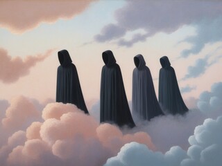 Mysterious hooded figures emerging through swirling clouds during twilight