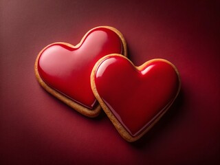Fototapeta premium Valentine's Day: Two Red Heart-Shaped Glazed Cookies on Burgundy Background