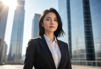 business woman standing at blurred background skyscraper