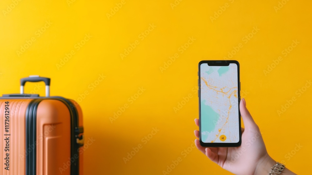 Poster Tourist holding smartphone displaying gps navigation app with marked route and orange suitcase on vivid yellow background, preparing for exciting journey and exploring new destinations