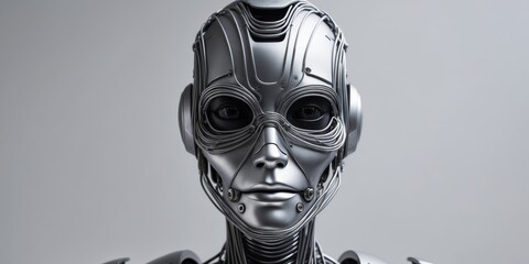 A robot with a face made of metal and wires