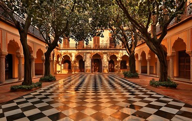 Sunlit Andalusian courtyard with checkered floor and arched walkways.