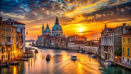 Obraz premium Venetian Morning: Canal Grande and Santa Maria della Salute Basilica at Sunrise - Stunning Cityscape Stock Photo